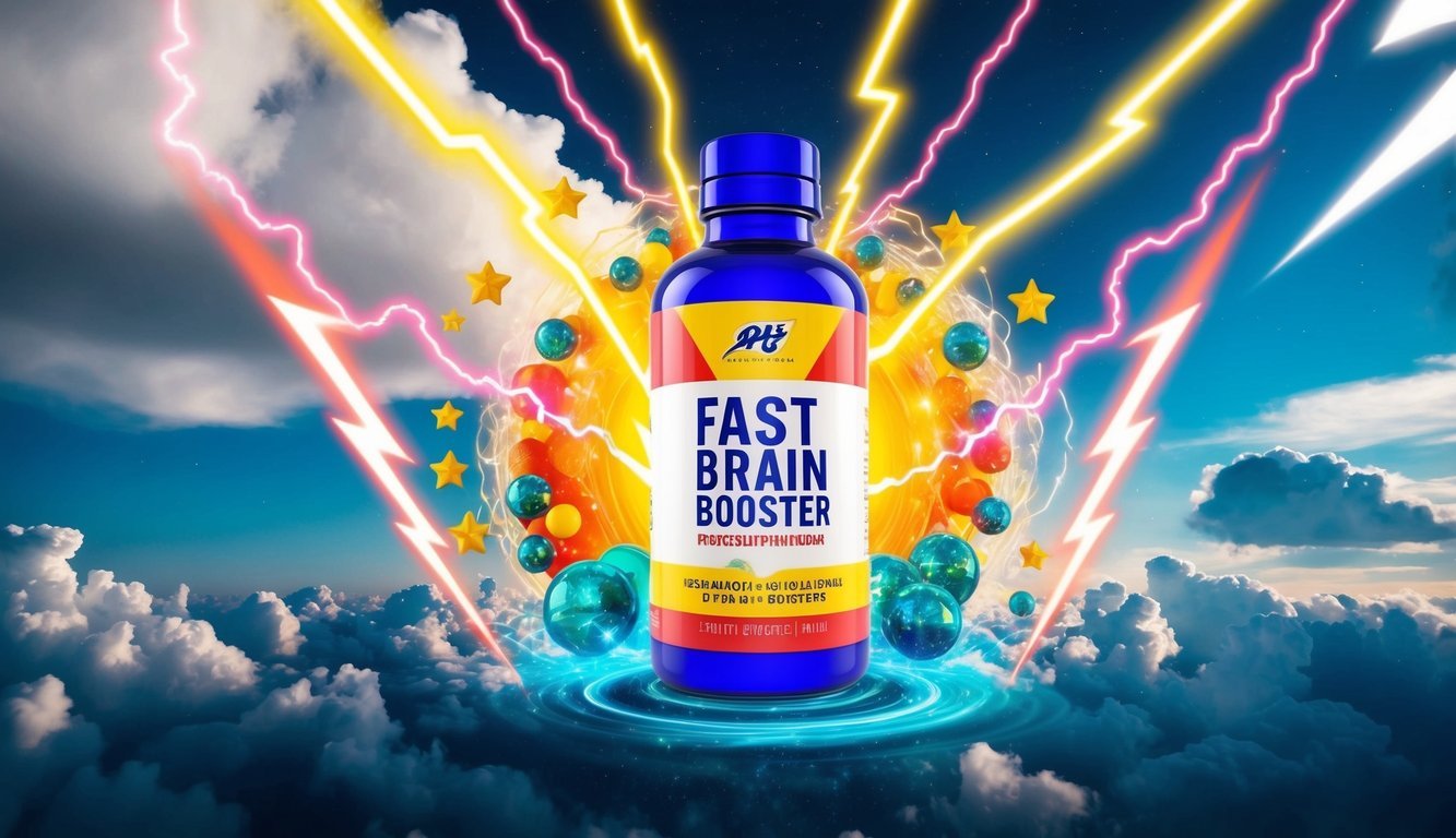 A colorful bottle of Fast Brain Booster surrounded by vibrant, energizing elements like lightning bolts, swirling clouds, and shooting stars