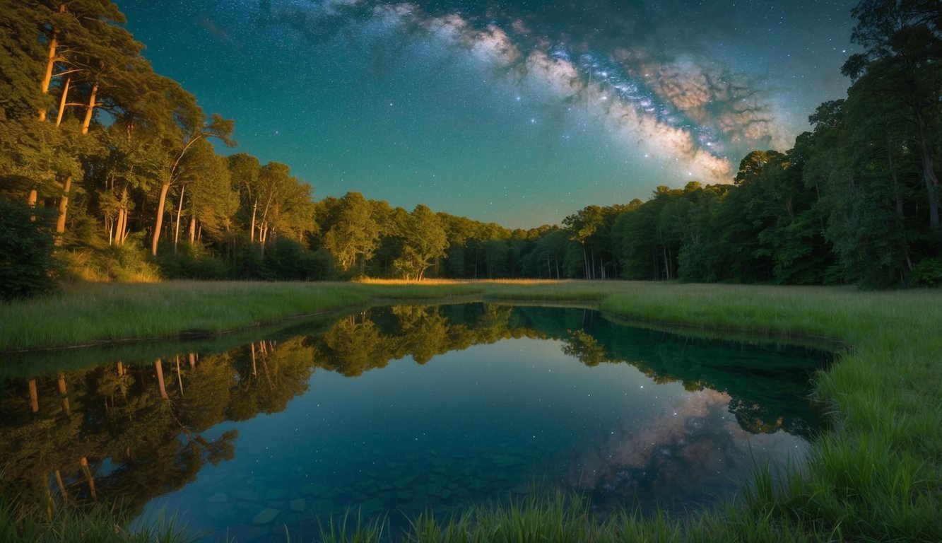 A serene forest glade, bathed in soft golden light, with a clear pool reflecting the starry night sky above