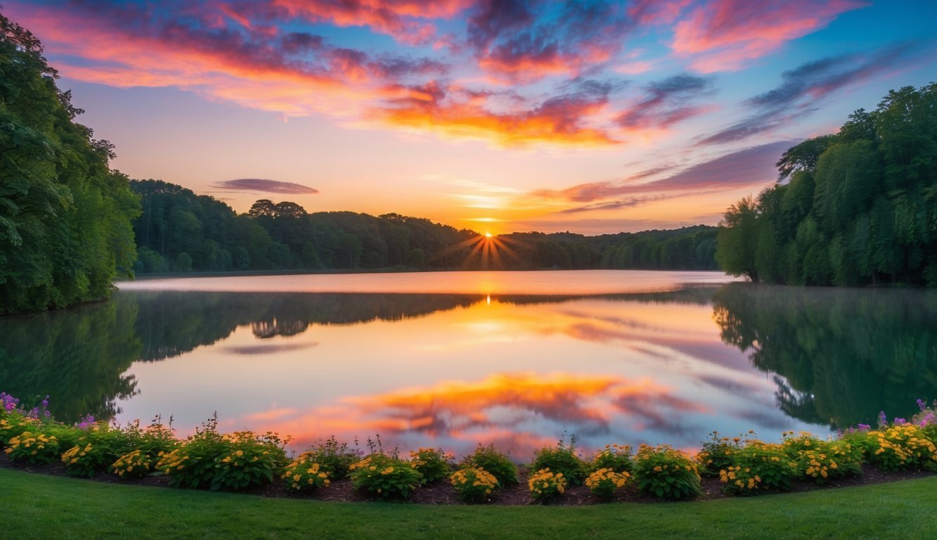 A serene sunrise over a tranquil lake, surrounded by lush greenery and colorful flowers.</p><p>The water reflects the vibrant sky, creating a peaceful and rejuvenating atmosphere