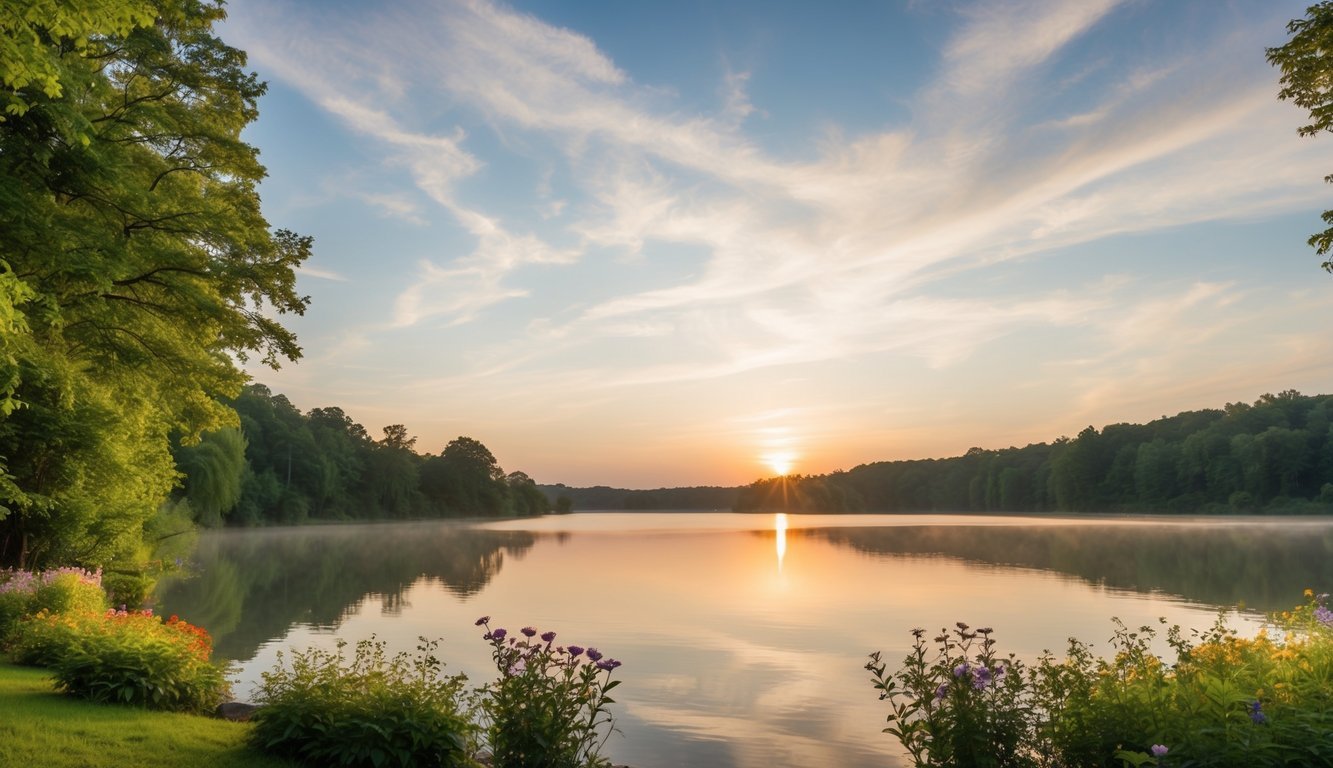 A serene sunrise over a tranquil lake, surrounded by lush greenery and colorful flowers.</p><p>The sky is painted with soft pastel hues, casting a peaceful glow over the landscape