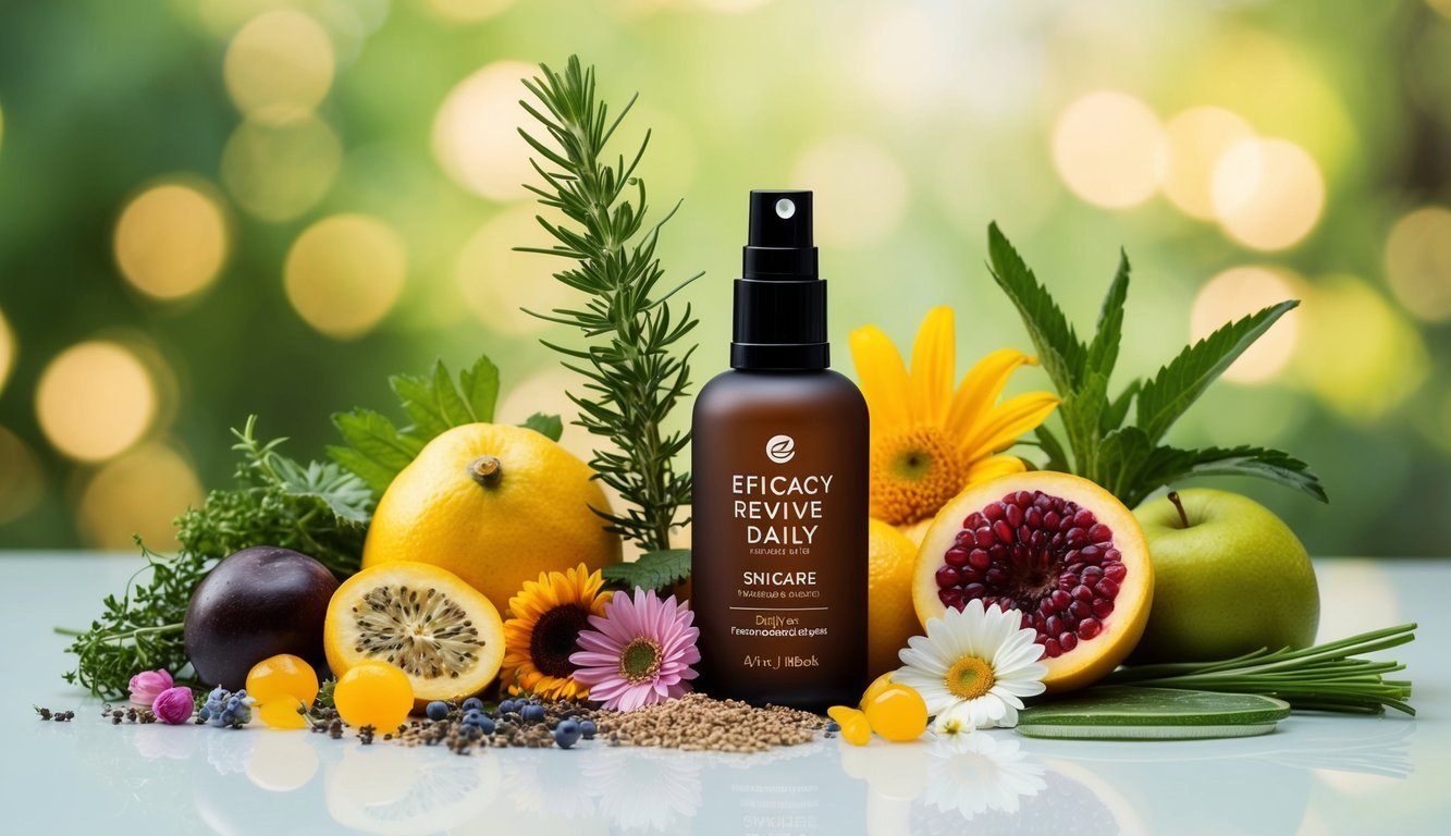 A collection of natural ingredients like herbs, fruits, and flowers arranged around a bottle of Efficacy Revive Daily Review skincare product