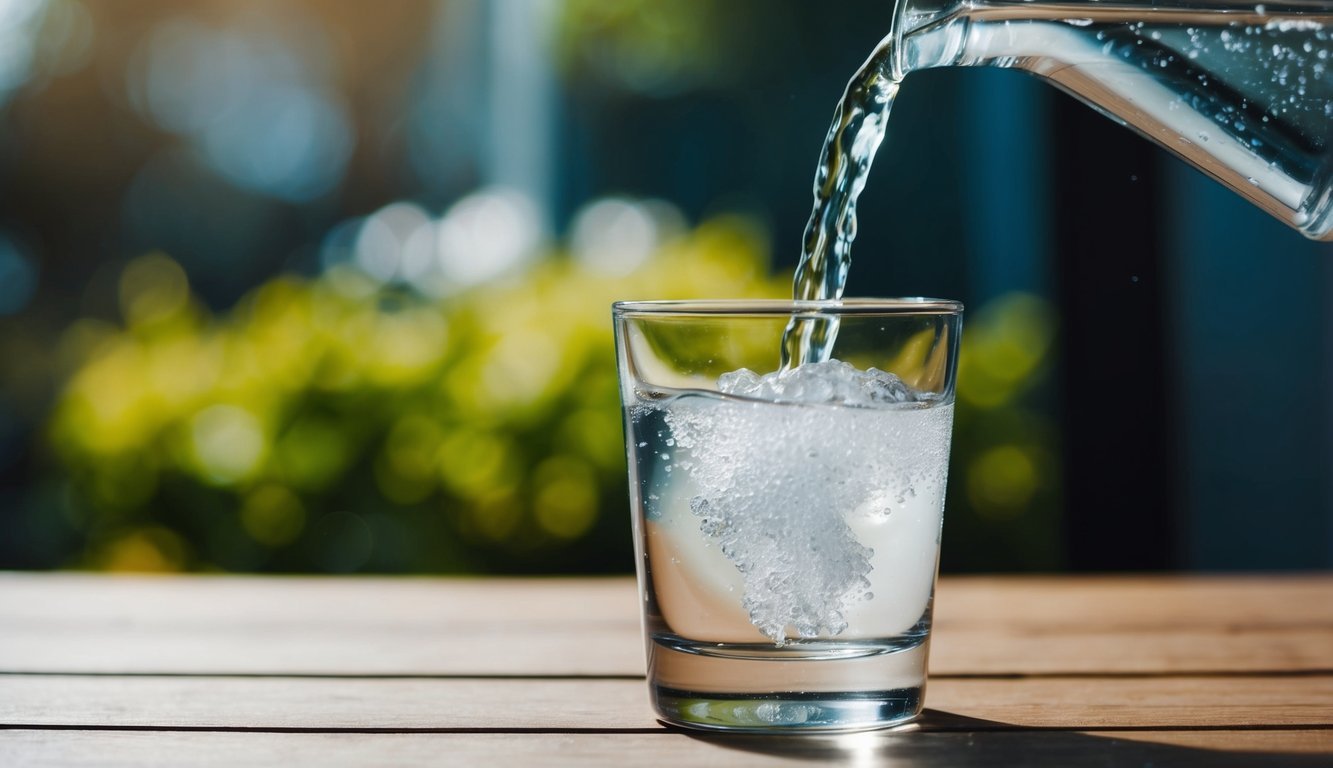 A glass filled with clear salt water is placed on a wooden table, with a small stream of water being poured into it from a height