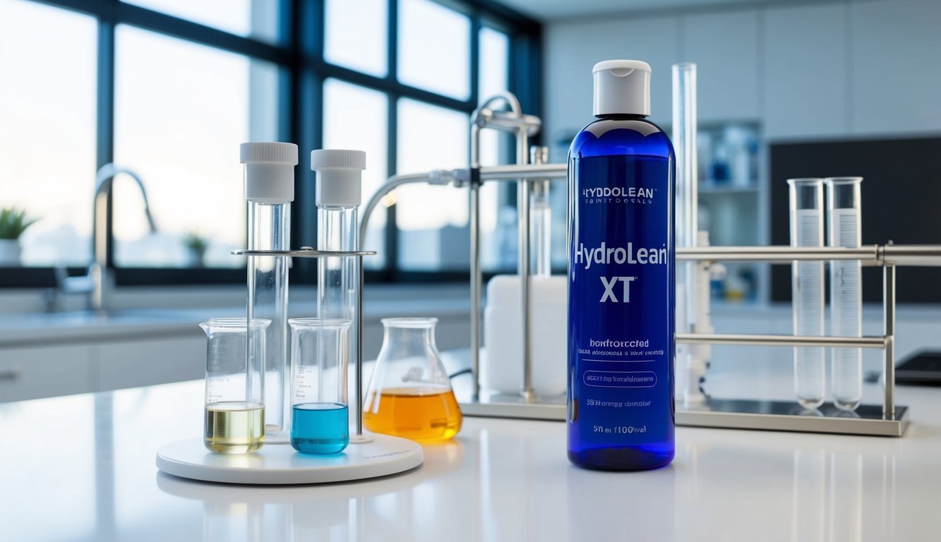 A sleek, modern laboratory setting with beakers, test tubes, and scientific equipment.</p><p>A prominent bottle of HydroLean XT sits on a clean, white countertop