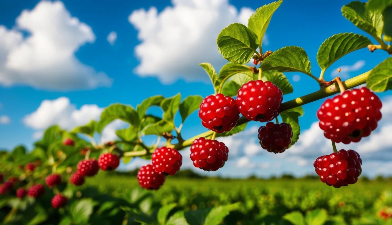 A lush green field with ripe, red GlucoBerries hanging from the vines, under a bright blue sky with fluffy white clouds