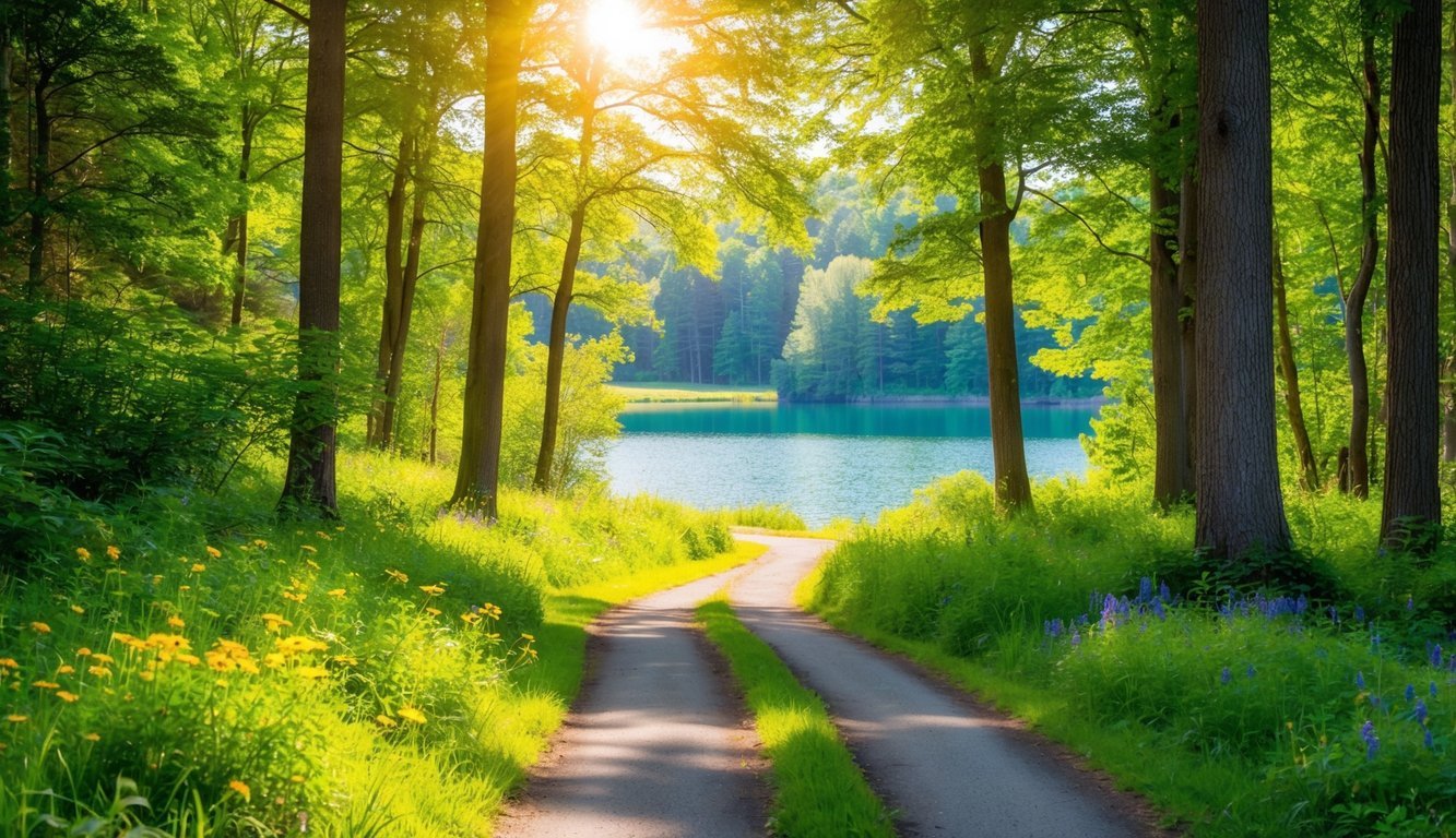 A serene forest with a winding path leading to a tranquil lake, surrounded by vibrant greenery and colorful wildflowers.</p><p>Sunshine filters through the trees, creating a peaceful and rejuvenating atmosphere