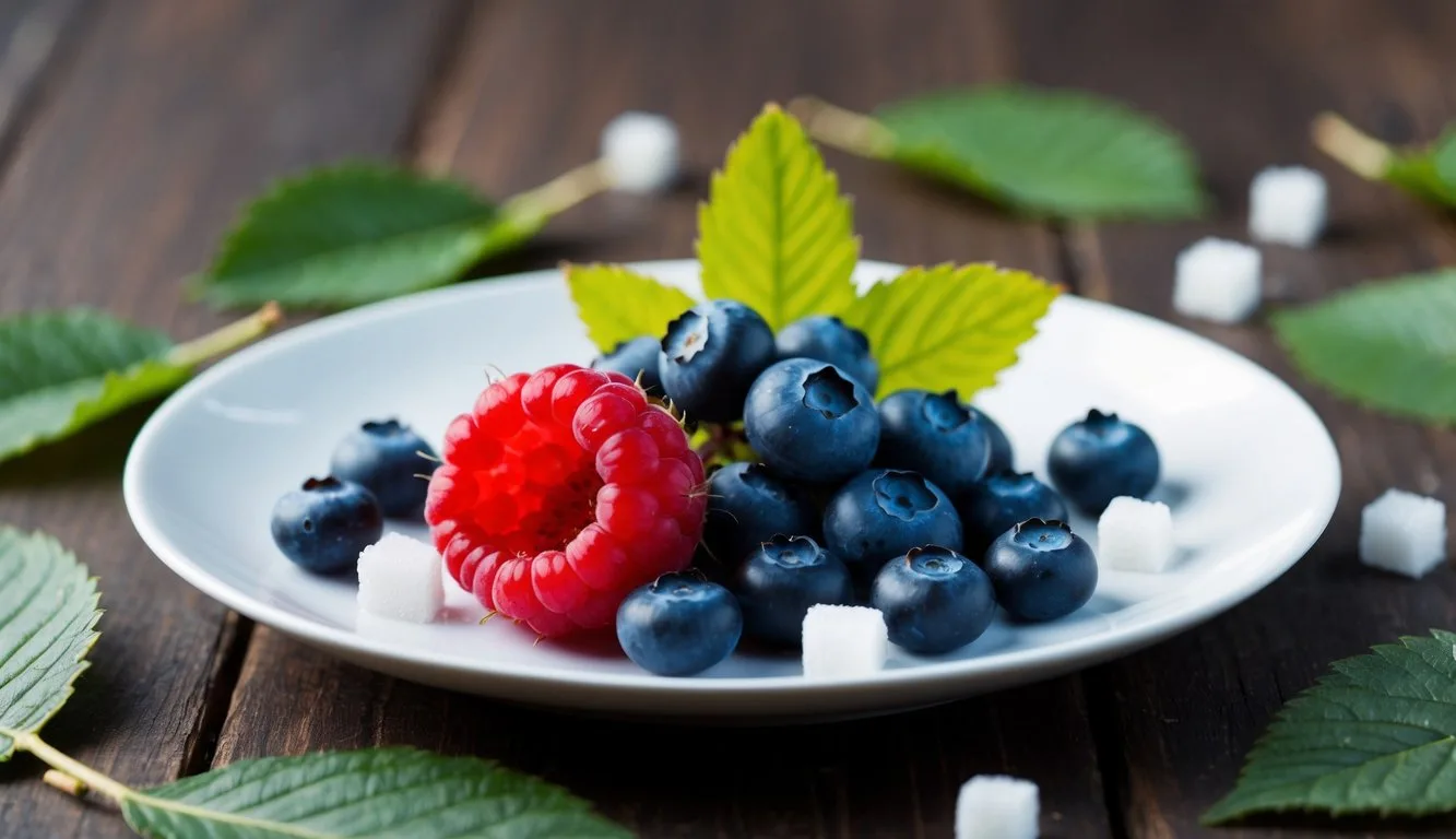 A ripe red raspberry and a cluster of blueberries sit on a white plate, surrounded by scattered leaves and a few scattered sugar cubes