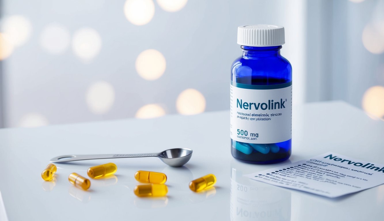 A bottle of Nervolink sits on a clean, white surface, surrounded by scattered capsules and a measuring spoon.</p><p>A piece of paper with dosage instructions is placed next to it