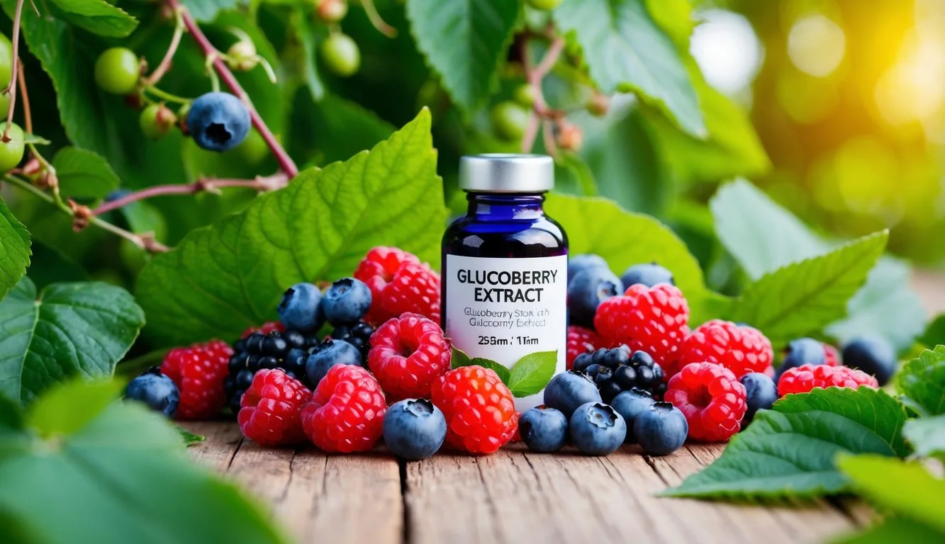 A colorful array of fresh berries and a vial of GlucoBerry extract surrounded by lush green leaves and vines