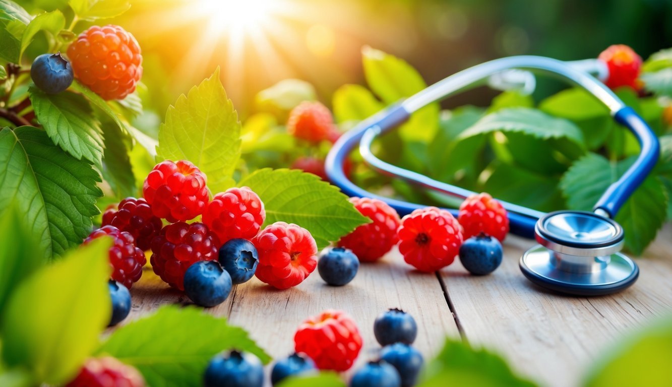 A vibrant scene of ripe berries and a stethoscope, surrounded by healthy green leaves and a glowing sun