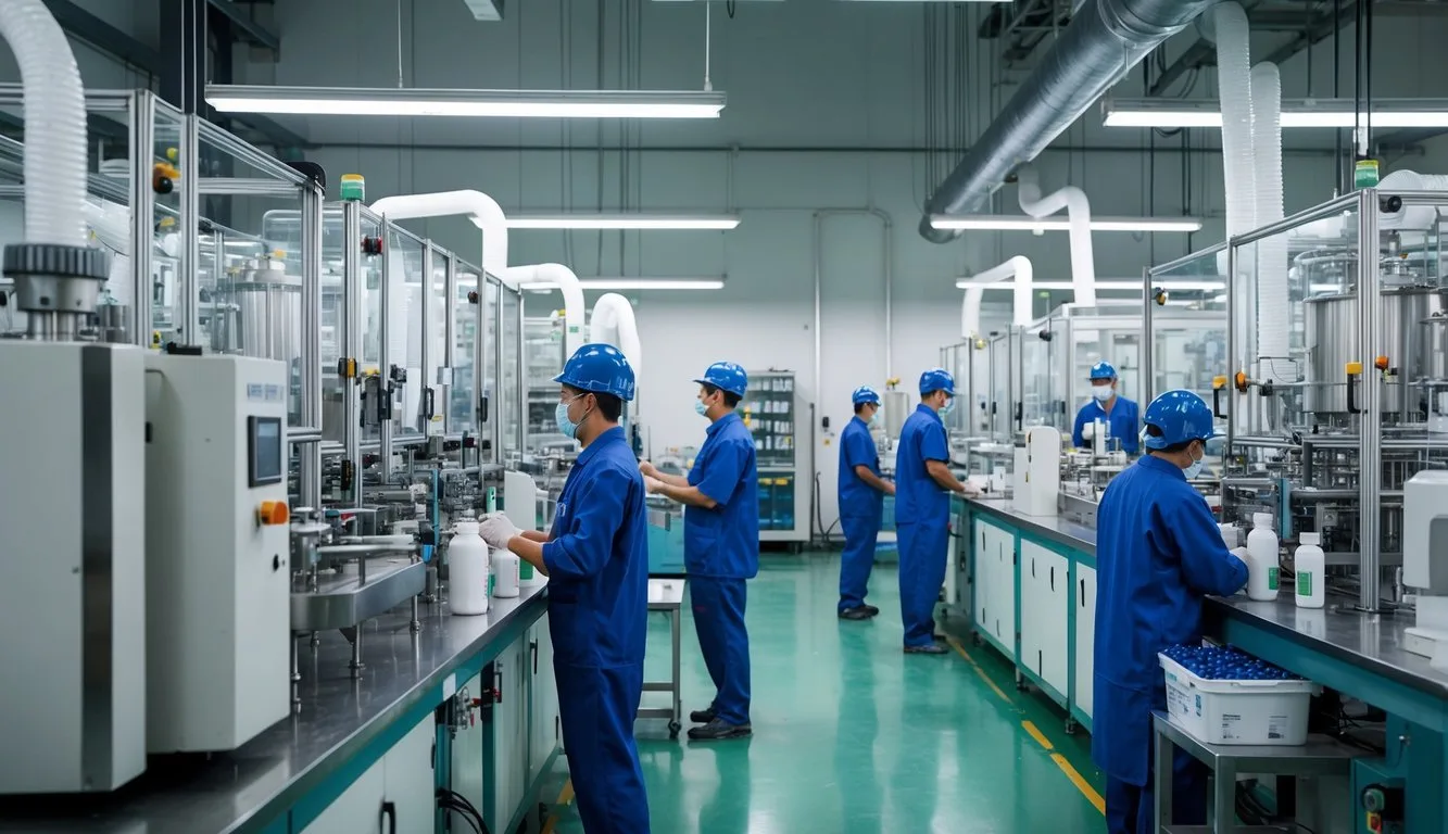 The GlucoBerry manufacturing facility bustling with workers and machinery, ensuring quality control and production of GlucoBerry products