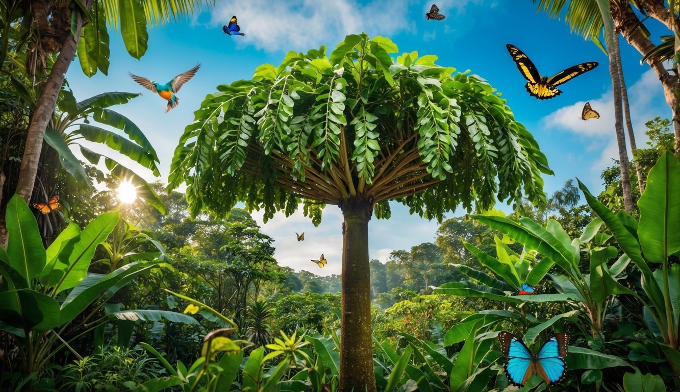 A lush Moringa tree stands tall in a vibrant, tropical jungle, surrounded by colorful birds and butterflies.</p><p>The tree is laden with nutritious leaves and seed pods