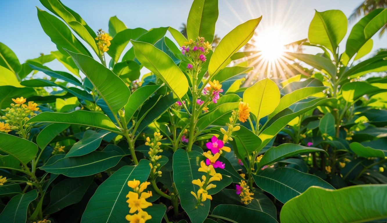 A lush moringa tree surrounded by vibrant green leaves and colorful flowers, with a radiant sun shining in the background