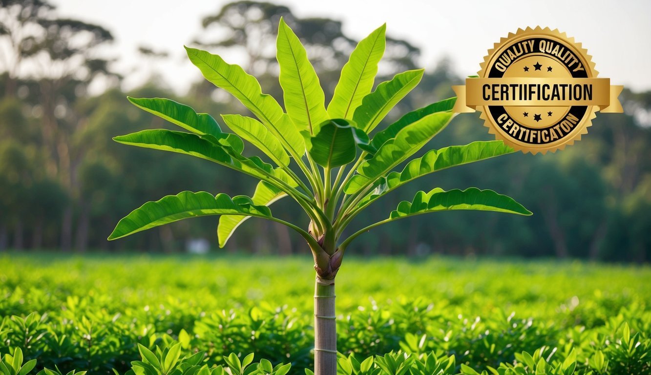 A lush, vibrant moringa tree stands tall in a field, with bright green leaves and a golden quality certification seal hovering above it