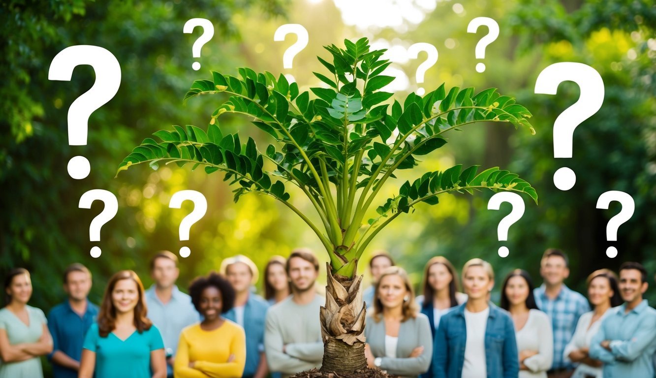 A vibrant, leafy Moringa tree surrounded by curious onlookers with question marks floating above their heads