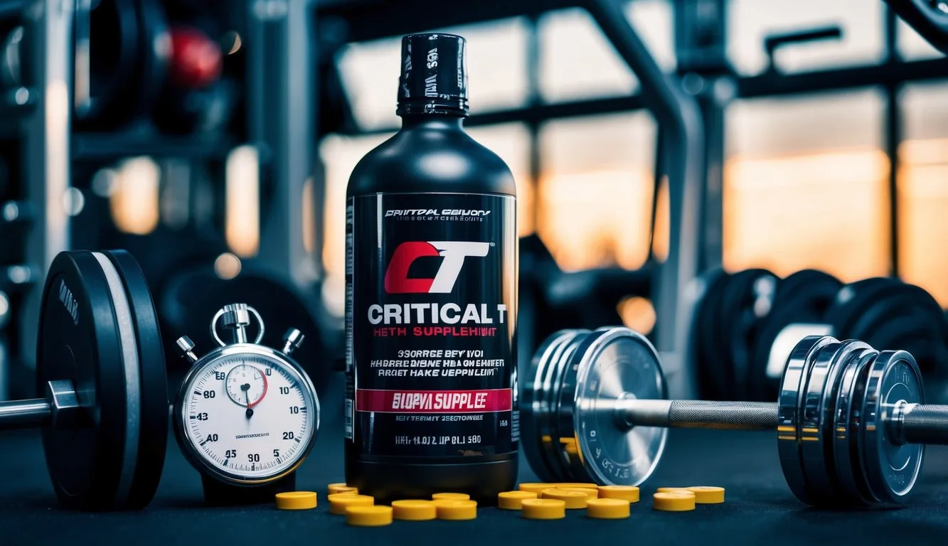 A bottle of Critical T supplement surrounded by gym equipment and a stopwatch