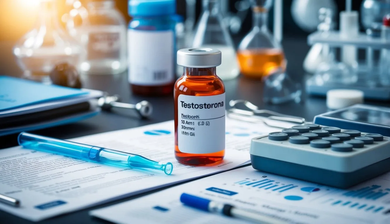 A vial of testosterone surrounded by scientific equipment and research papers