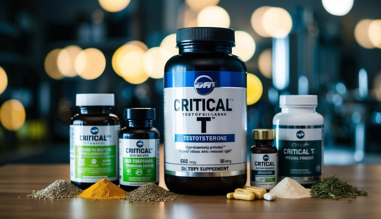 A bottle of Critical T supplement surrounded by various testosterone-boosting ingredients like herbs, vitamins, and minerals