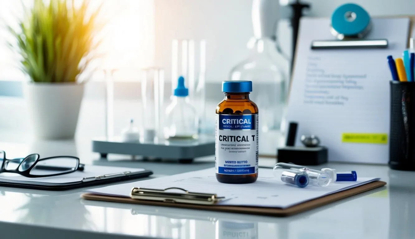 A vial of Critical T supplement sits on a clean, white countertop, surrounded by scientific equipment and a clipboard with notes