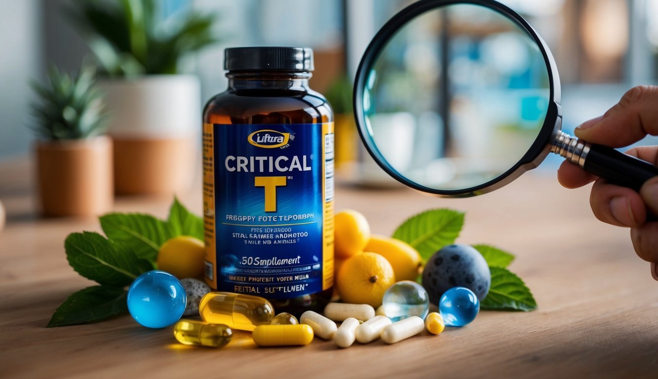 A bottle of Critical T supplement surrounded by various vitamins and minerals, with a magnifying glass inspecting the label for safety information