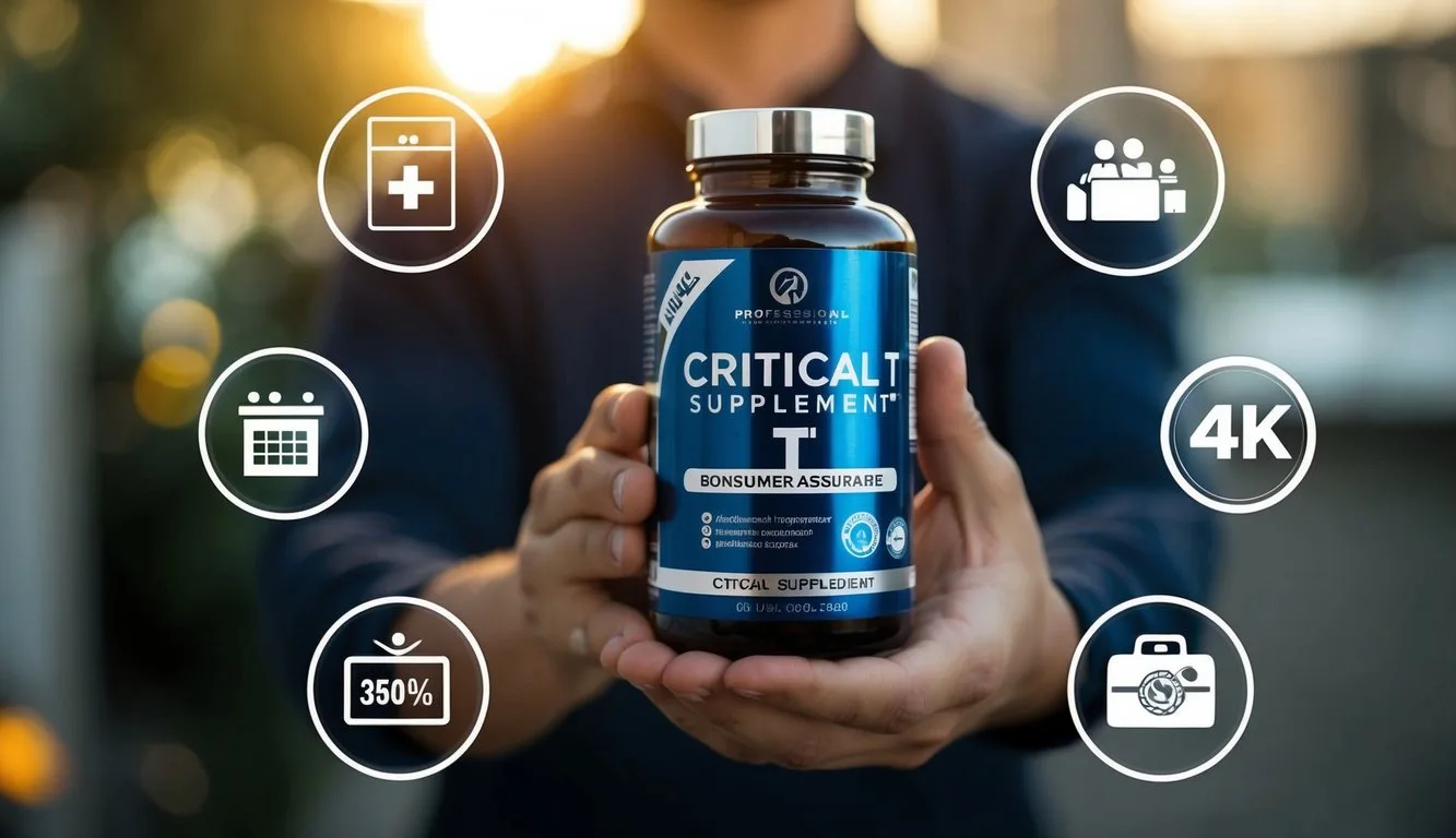 A person holding a bottle of Critical T supplement with various purchasing options and consumer assurance symbols surrounding it
