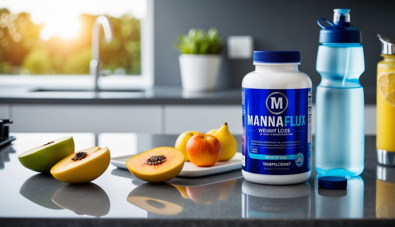 A bottle of Mannaflux weight loss supplement sits on a sleek, modern countertop, surrounded by fresh fruits and a water bottle