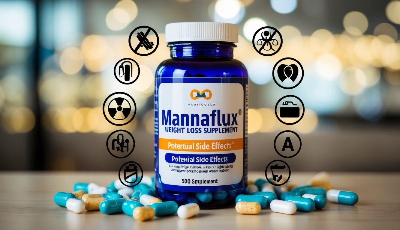 A bottle of Mannaflux weight loss supplement surrounded by various safety symbols and potential side effects warnings