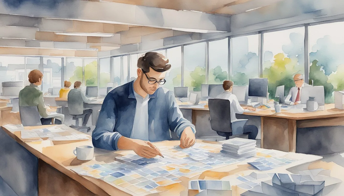 A person solving puzzles while managing emotions in a busy office setting