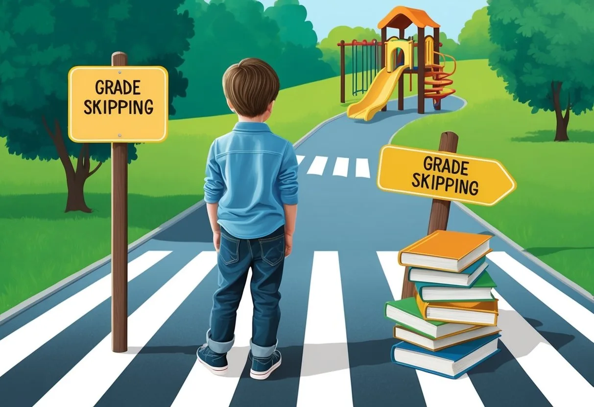 A child stands at a crossroads, with one path leading to a classroom and the other to a playground.</p><p>A stack of books sits next to a signpost marked "Grade Skipping."