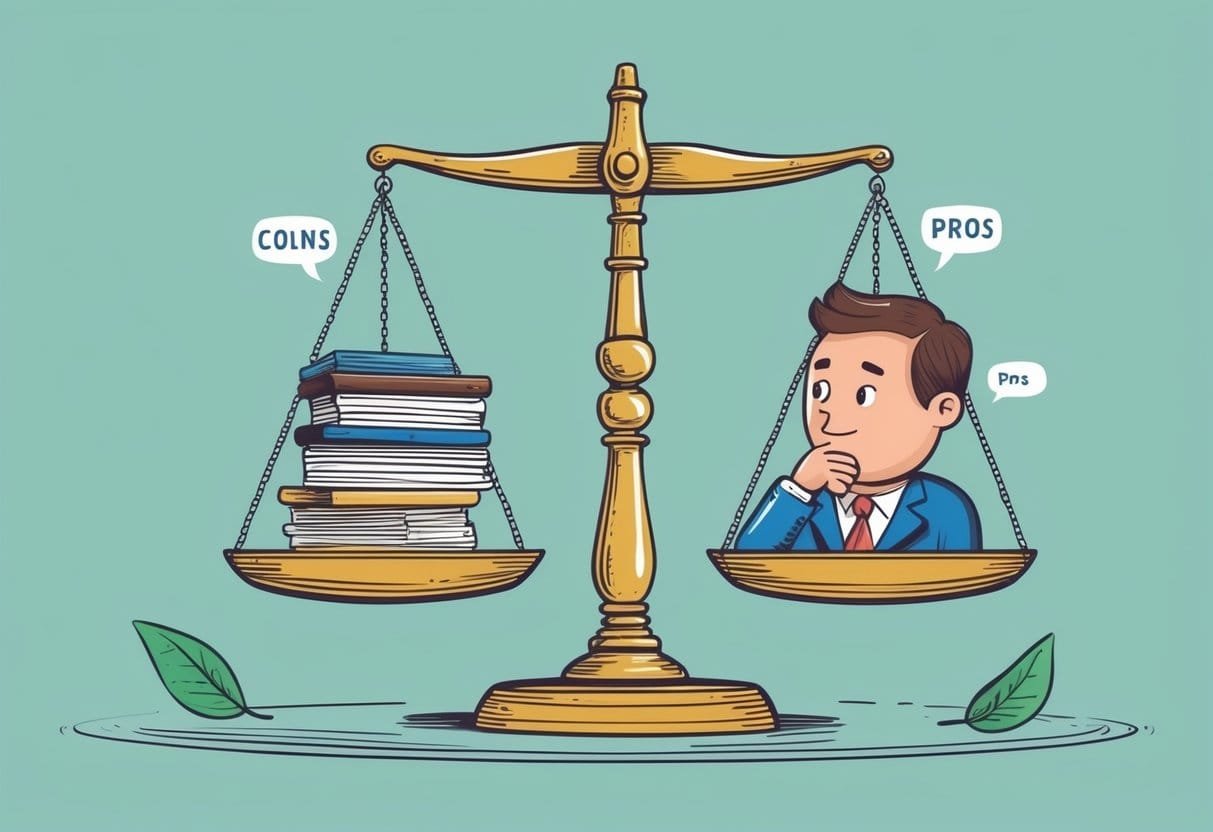 A scale with one side weighted down by cons and the other side lifted by pros, surrounded by a thoughtful figure