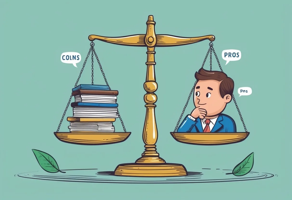 A scale with one side weighted down by cons and the other side lifted by pros, surrounded by a thoughtful figure