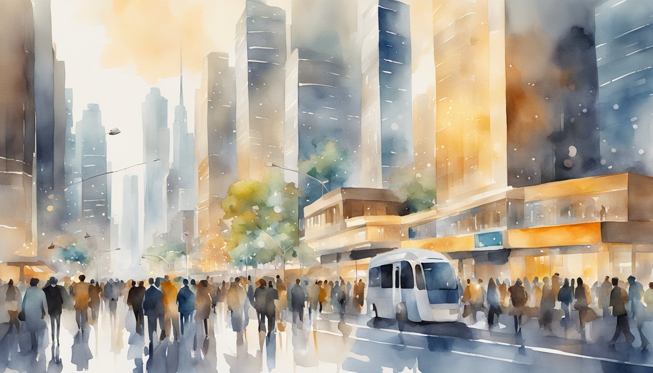 A bustling city street with diverse people and modern technology. Bright lights, skyscrapers, and transportation. Symbolic icons of innovation and progress