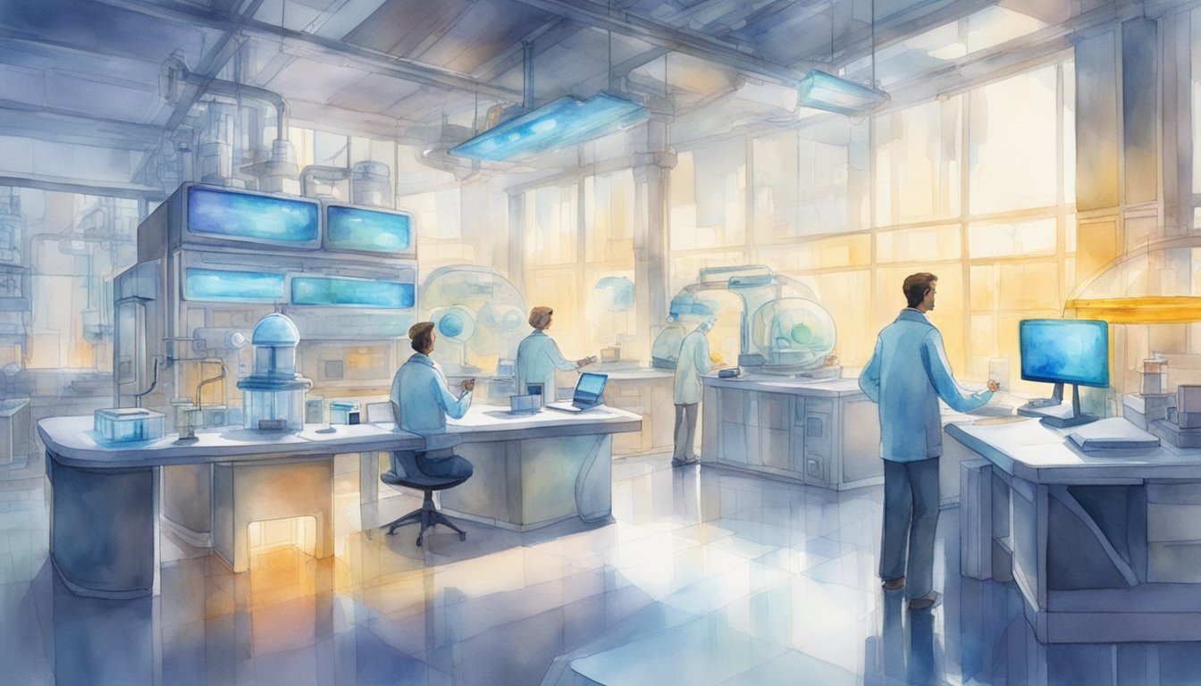 A futuristic laboratory with glowing portals and advanced equipment. Multiple researchers analyzing data and conducting experiments. A sense of innovation and discovery