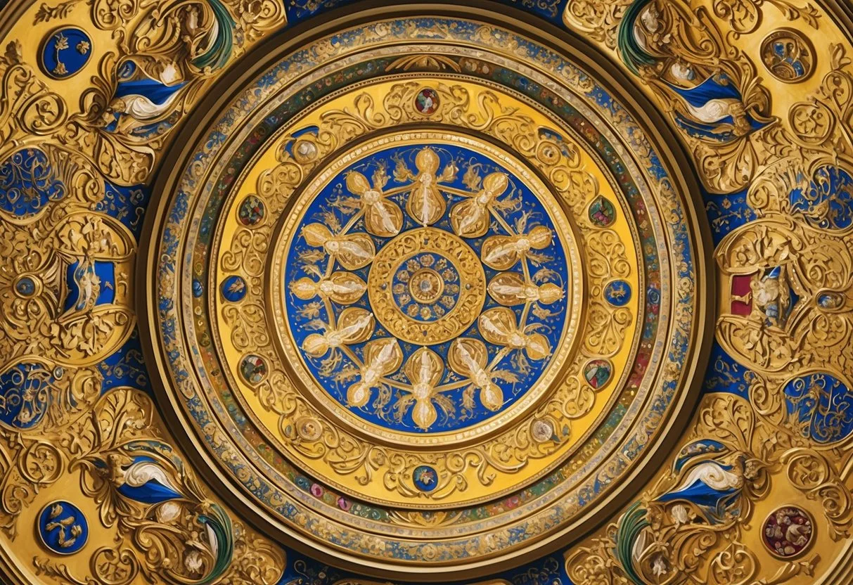 Intricate gold and jewel-toned patterns cover the domed ceiling, with swirling figures and symbolic motifs inspired by Klimt's University of Vienna ceiling paintings