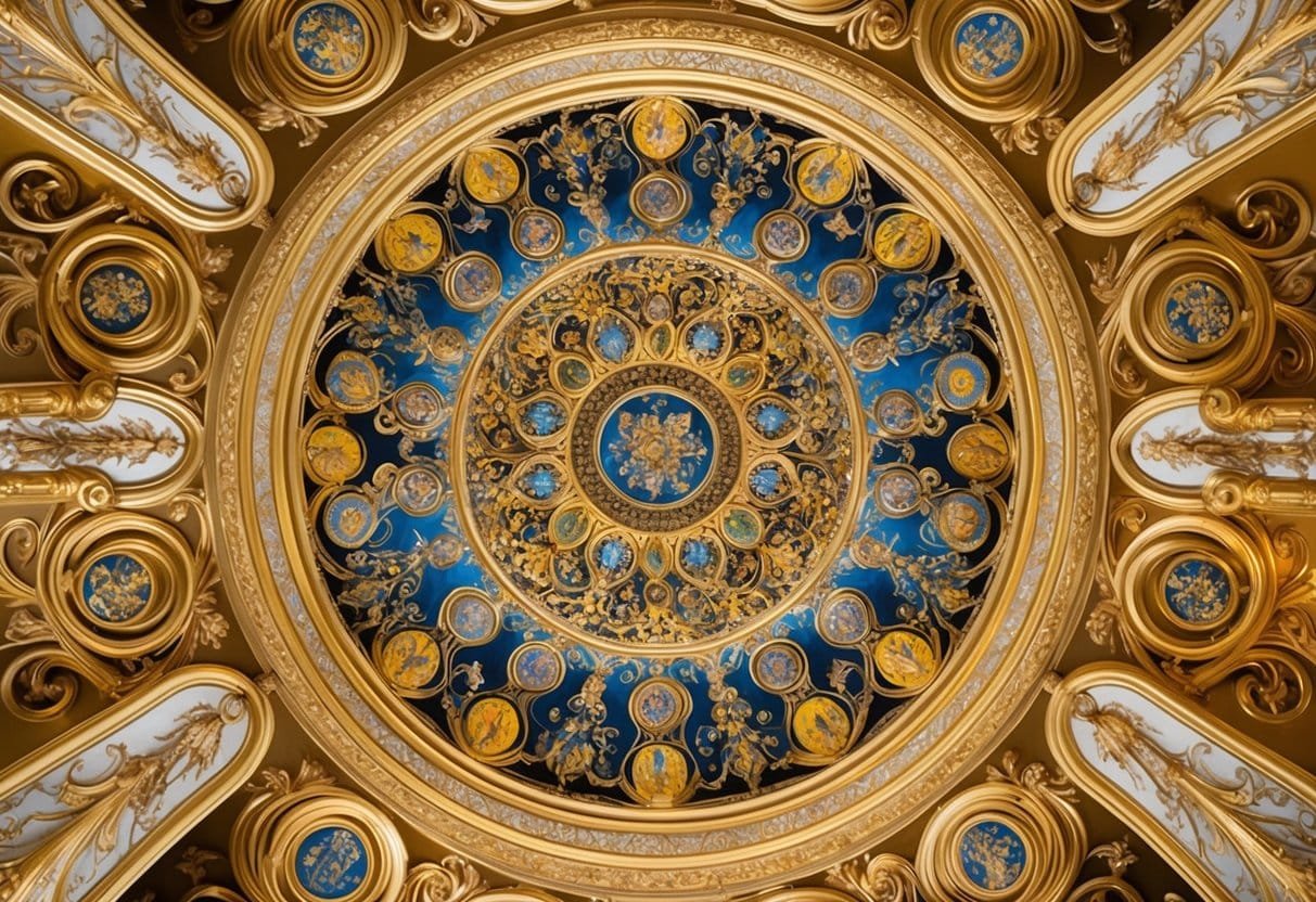 Opulent, gold-leafed ceiling adorned with intricate, swirling patterns and vibrant, symbolic imagery inspired by Gustav Klimt's work at the University of Vienna