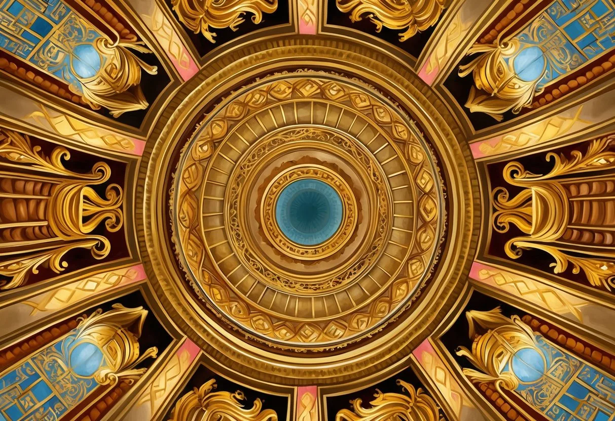 Opulent golden swirls and geometric patterns fill the ceiling, depicting themes of knowledge, philosophy, and enlightenment