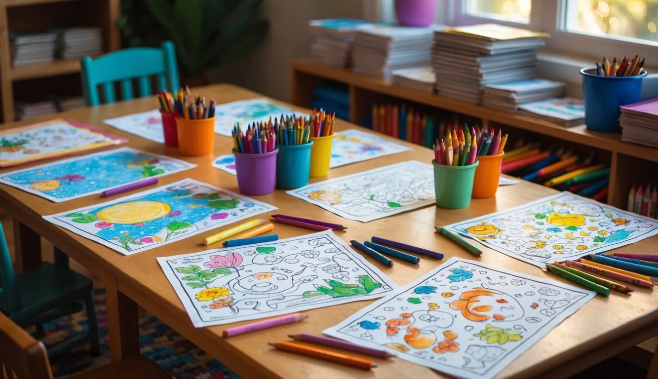 A children's play area with a wooden table covered in colorful coloring pages and art supplies, bathed in natural light.