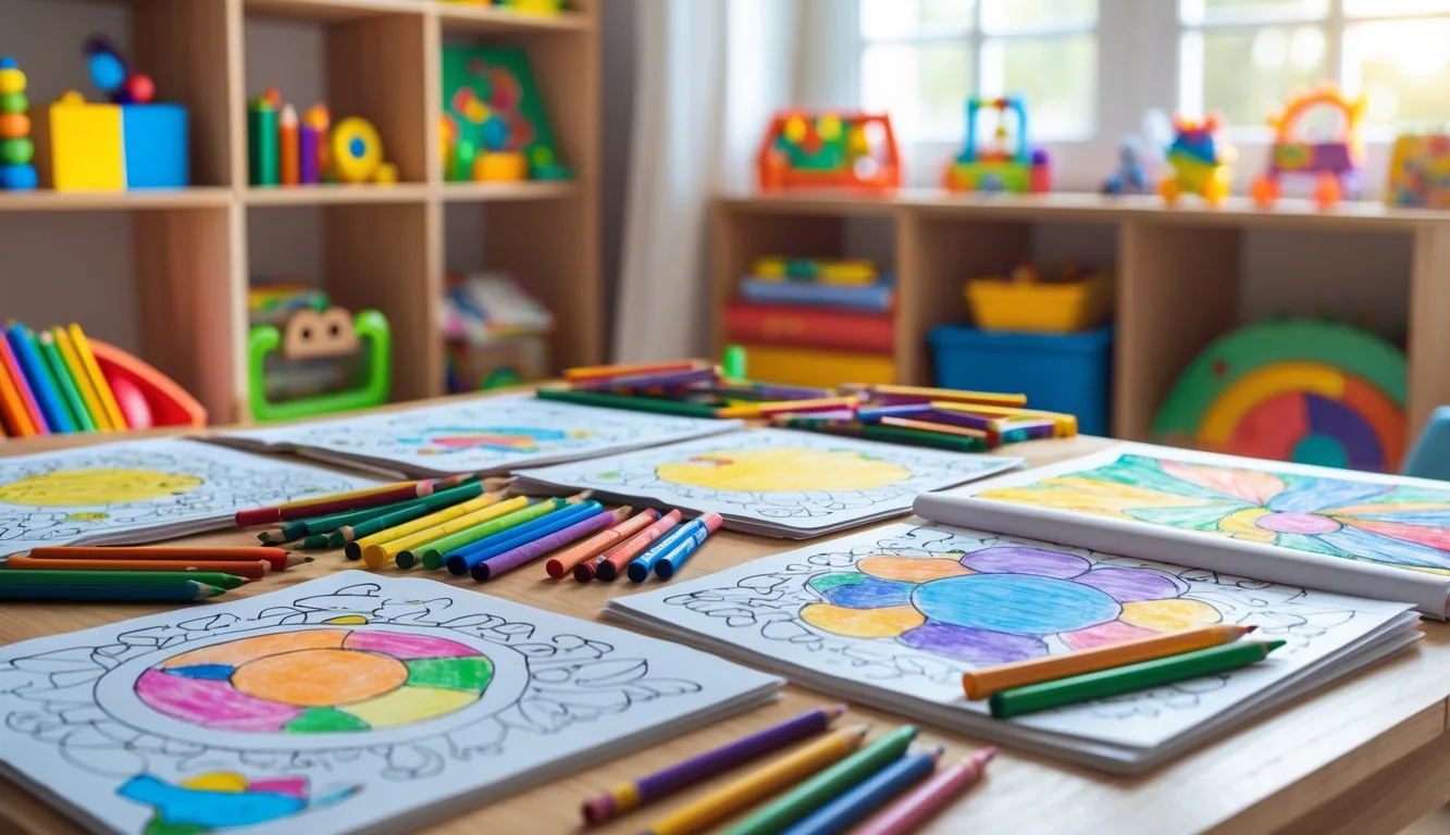 A brightly lit children's playroom table with colorful coloring pages, pencils, crayons, and educational toys on shelves in the background.