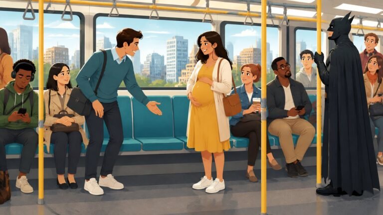 Illustration of a metro passenger offering a seat to a pregnant woman while a caped superhero stands at the end of the carriage.