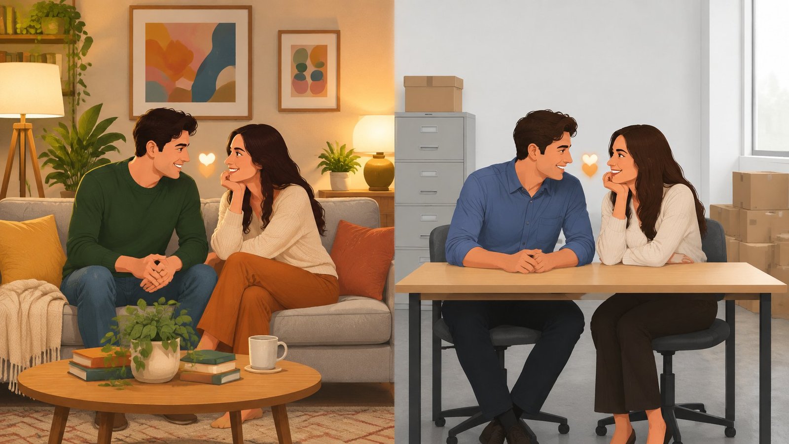 Two pairs of young strangers chatting warmly, one in a cozy lounge and one in a bare office.