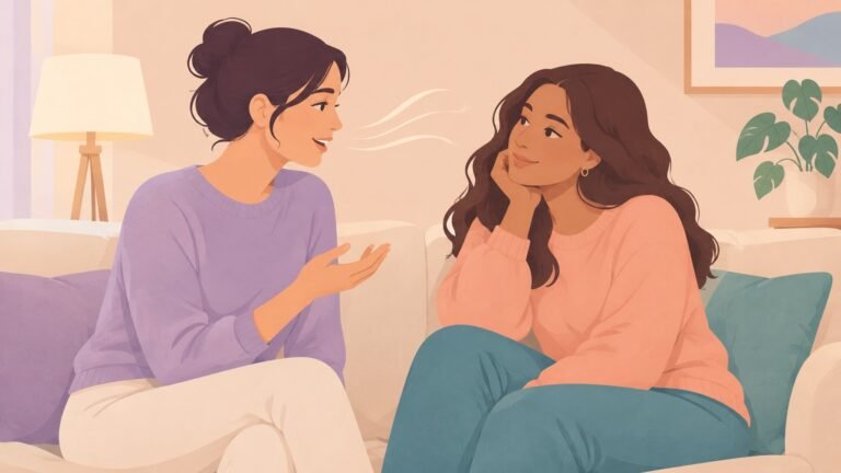 Illustration of a woman comforting her friend with gentle, rising sound waves flowing from her voice.