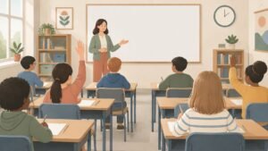 Illustration of an upper-elementary classroom with a teacher at the front and pupils working at their desks