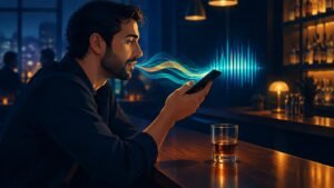 Illustration of a man speaking into a smartphone at a bar while colourful sound waves flow from his mouth into the phone.