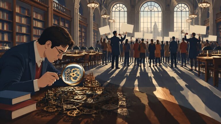 Illustration of a scholar studying clockwork gears while a crowd with blank protest placards casts shadows across the library.