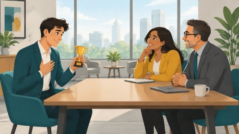 Illustration of a modest young professional holding up a small trophy while two interviewers lean in, convinced.