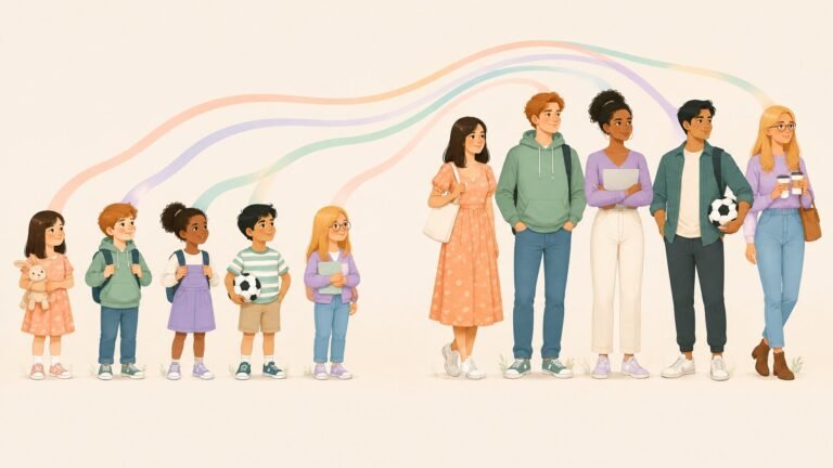 Illustration of children on one side connected by glowing ribbons to their distinct adult selves on the other.