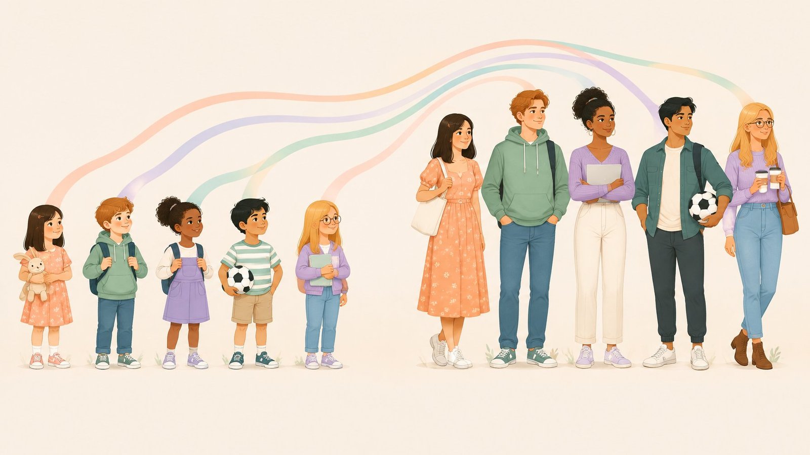 Illustration of children on one side connected by glowing ribbons to their distinct adult selves on the other.