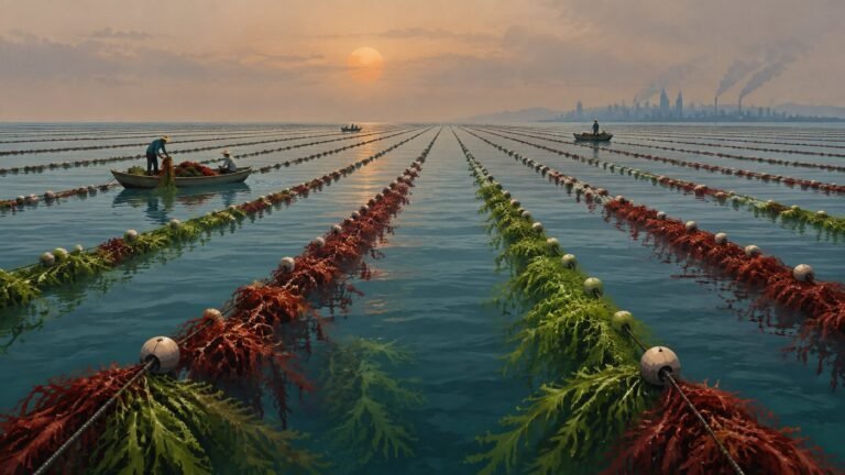 Rows of seaweed farm lines on a tropical ocean under a dim, smoky sky.