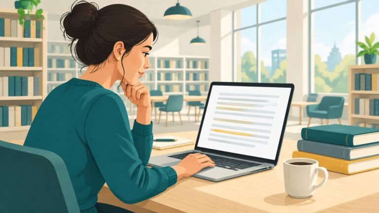 Illustration of a law student reading a document on a laptop with glowing highlighted passages.