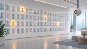 An AI scanning beam sweeping across rows of professional portrait frames.