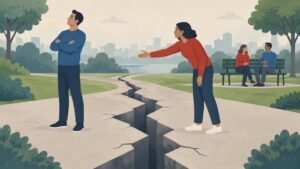A confident man turns his back on a political opponent across a crack in the ground while two quieter people chat on a bench.